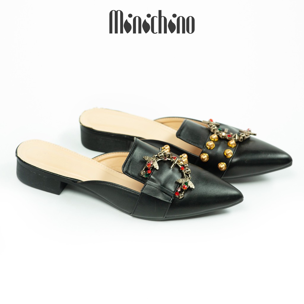 Giày sục nữ cao 3cm MINICHINO mũi nhọn gót vuông, hở gót thời trang màu đen TC054