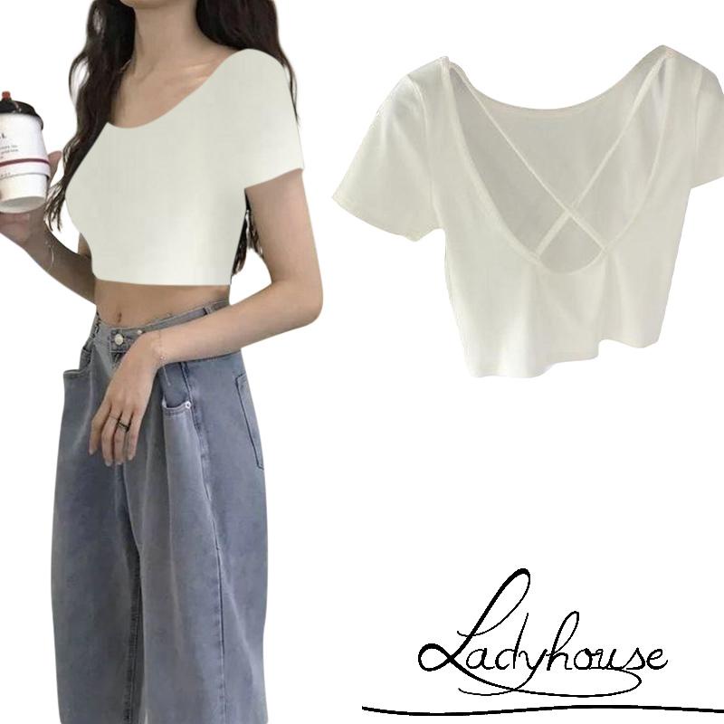 Áo Thun Croptop Tay Ngắn Màu Sắc Trơn Thiết Kế Hở Lưng Thời Trang Quyến Rũ Cho Nữ