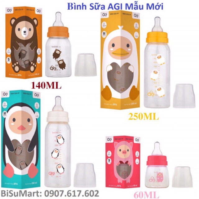 Bình sữa và núm vú agi 60ml/140ml/250ml