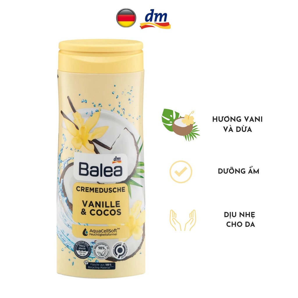 Sữa tắm BALEA dưỡng ẩm cho mọi loại da hương thơm vani và dừa, Cremedusche Vanille und Cocos 300ml - hàng nhập khẩu Đức