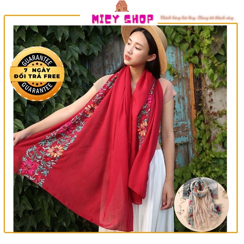 Khăn quàng/khăn chuàng cổ nữ dài thời trang mã MICY058 chất cotton đũi thêu hoa nổi hoạ tiết trẻ trung 90*180cm