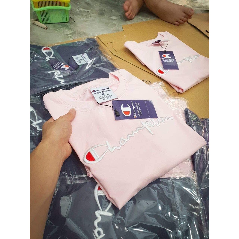 Áo thun tay lỡ Champion Logo thêu  , Áo thun Unisex tay lỡ nam nữ chất Cotton 100%