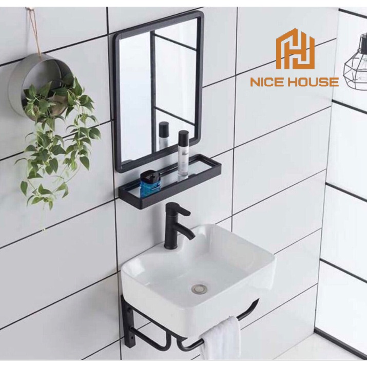 TỦ LAVABO T401 GƯƠNG VÒI NICE HOUSE CHUYÊN THIẾT BỊ VỆ SINH GỒM 4 MÓN (gương+ kệ kính+ lavabo+ khung treo)