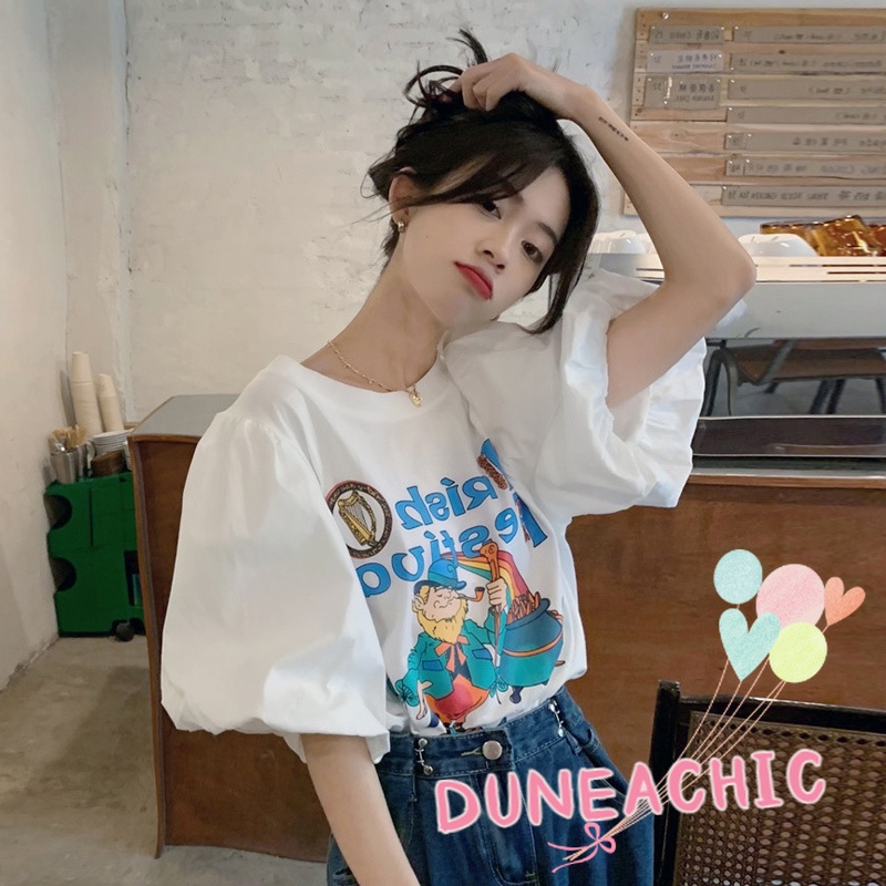 DUNEA Áo Thun Tay Ngắn Phồng Dáng Rộng Thời Trang Cho Nữ