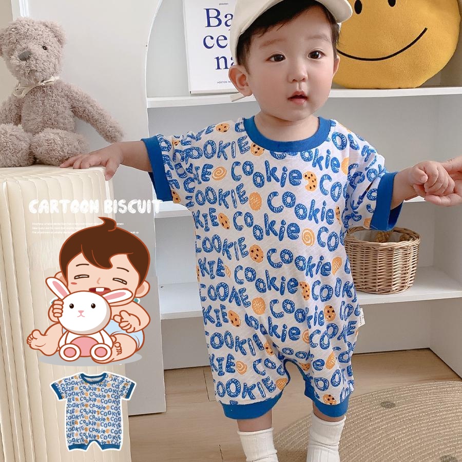 Bộ Áo Liền Quần Vải Cotton Tay Ngắn Dáng Rộng Thoáng Khí Thời Trang Mùa Hè Cho Bé Trai