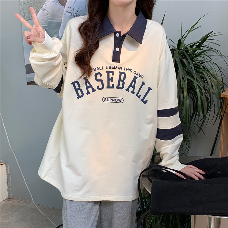 Áo Thun Polo Tay Dài In Chữ Màu Sắc Tương Phản Thời Trang Mùa Thu Cho Nữ