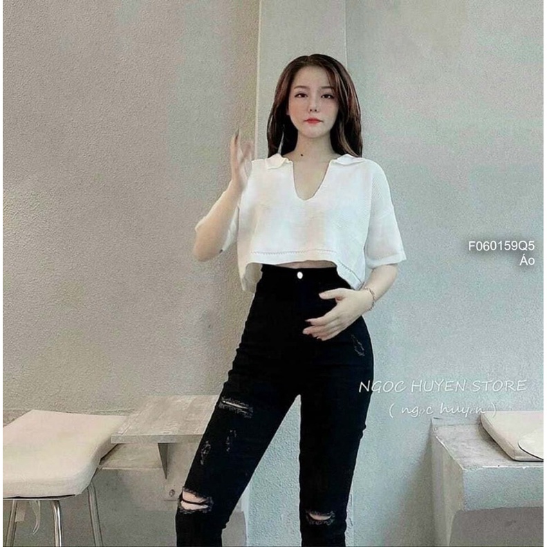 Quần jeans đen rách gối