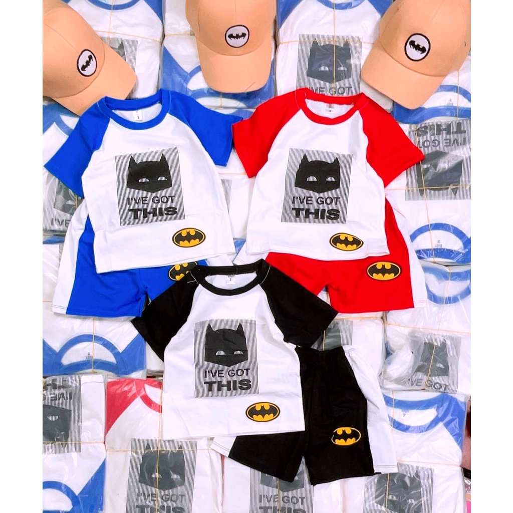Bộ cộc tay bé trai TẶNG KÈM MŨ, Sét cộc tay chất cotton họa tiết Batman kèm mũ lưới trai