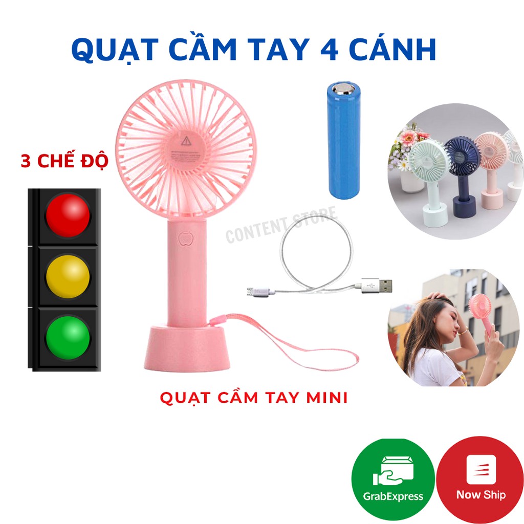 Quạt Mini Cầm Tay Pin Sạc 4 Cánh 3 Tốc Độ Gió Có Đế Để Bàn, Quạt Để Bàn Pin Sạc USB Cao Cấp