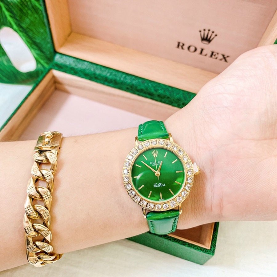 Đồng hồ nữ rolex viền đính đá dây da cao cấp đủ màu - bảo hành