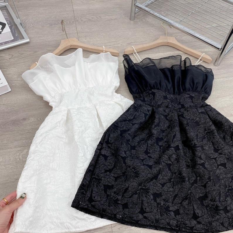 [ 𝐅𝐑𝐄𝐄 𝐒𝐇𝐈𝐏 ]  VÁY GẤM HOA XỐP NGẮN KÈM TƠ DÂY NGỌC 2 MÀU