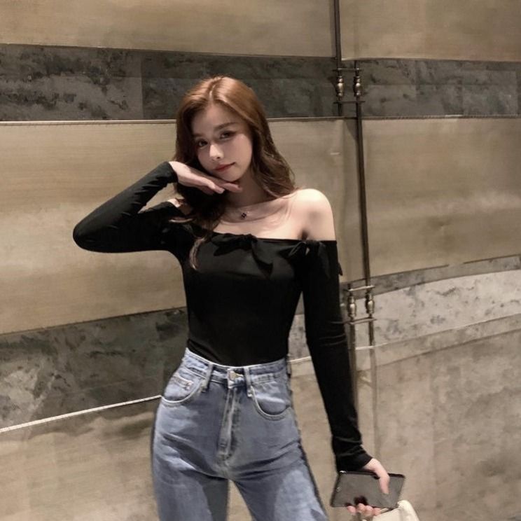 Áo thun COZOK nữ tay dài trễ vai đính nơ thời trang