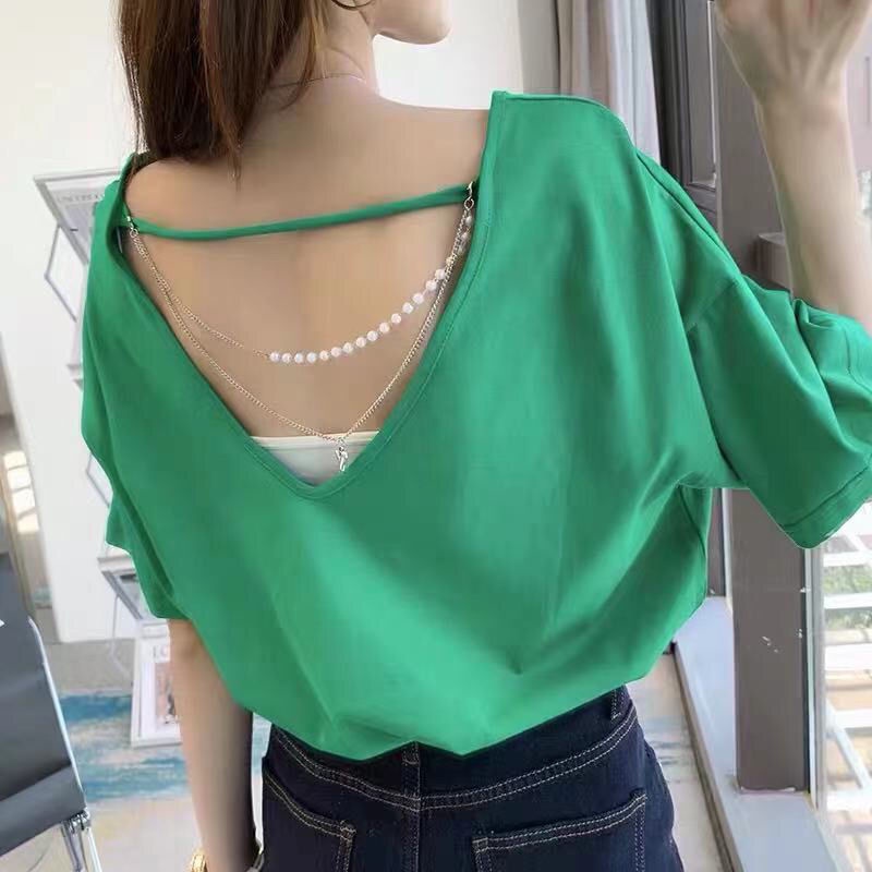 Áo thun tay ngắn dáng rộng hở lưng thời trang quyến rũ cho nữ 2021
