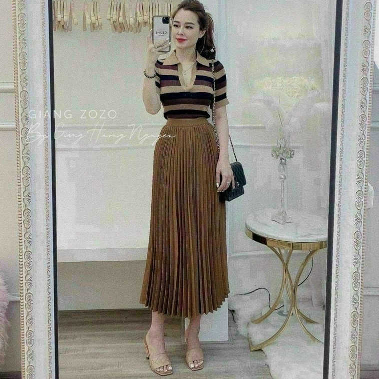 Áo len kẻ cổ bẻ cộc tay