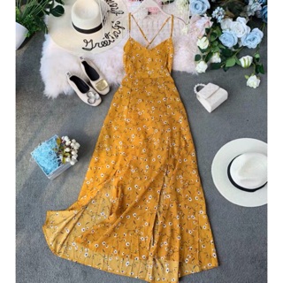 [ẢNH THẬT] Váy maxi hoa nhí 2 dây hở lưng đan chéo dây lưng chun xẻ tà chất mát siêu sexy đi biển
