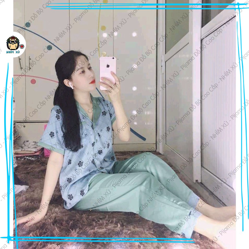 Đồ Bộ Ngủ Pijama Mặc Nhà Áo Tay Ngắn Quần Dài Vải Satin Hàn Quốc CC