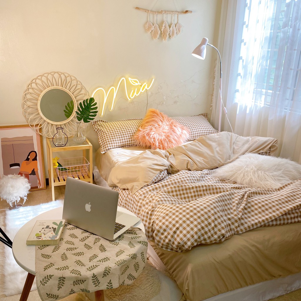 Bộ chăn ga và vỏ gối cotton poly Mùa Decor - Mẫu kẻ caro nâu beige