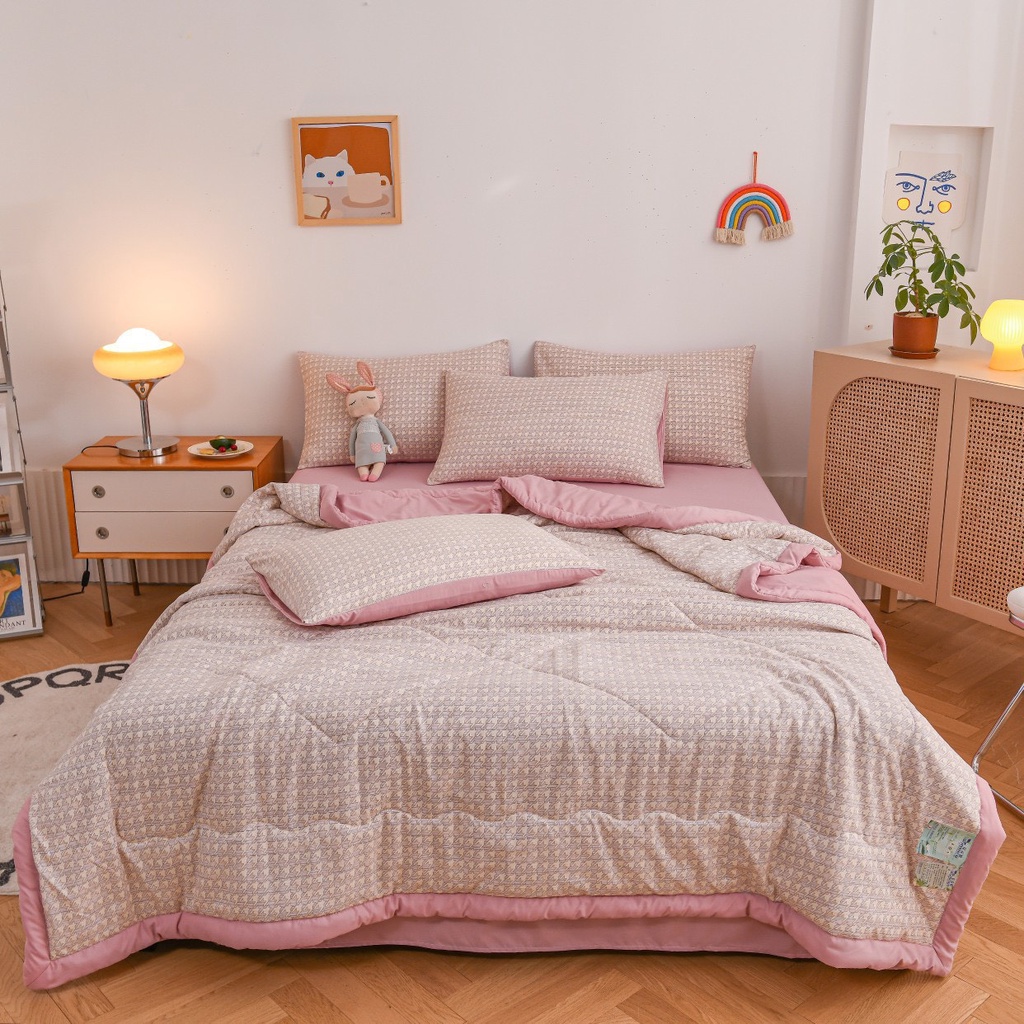 Bộ chăn ga gối BST đũi kẻ chăn trần – Set basic caro line [nhiều mẫu]