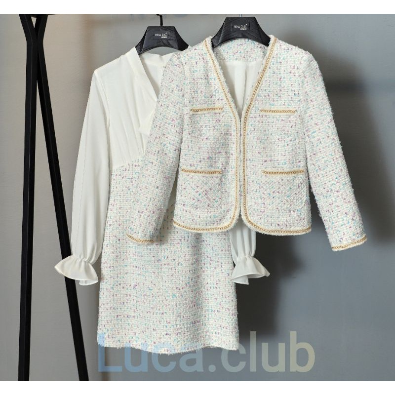 Set đồ bộ công sơ váy kiểu sơ mi chân váy dạ kèm áo khoác dạ ( order)