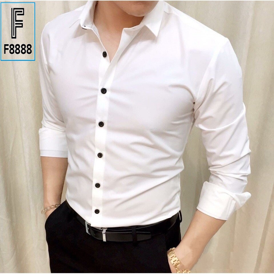 Áo sơ mi dài tay áo kiểu nam công sở hàn quốc đẹp F8888 Trắng Cúc Đen SMT002 - Hàng mới về