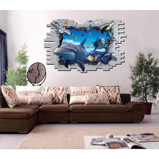decal dán tường 3D hồ cá mập