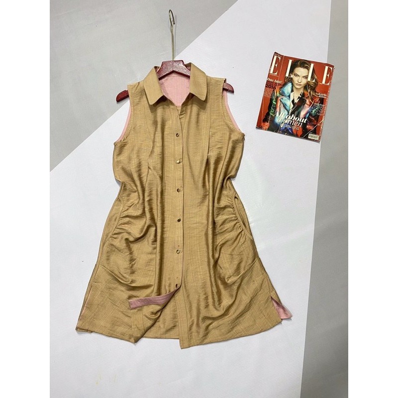 Đầm Suông Sát Nách Cổ Sơ Mi - Váy Sát Nách Chất Liệu Tơ Nhung Cao Cấp | BigBuy360 - bigbuy360.vn