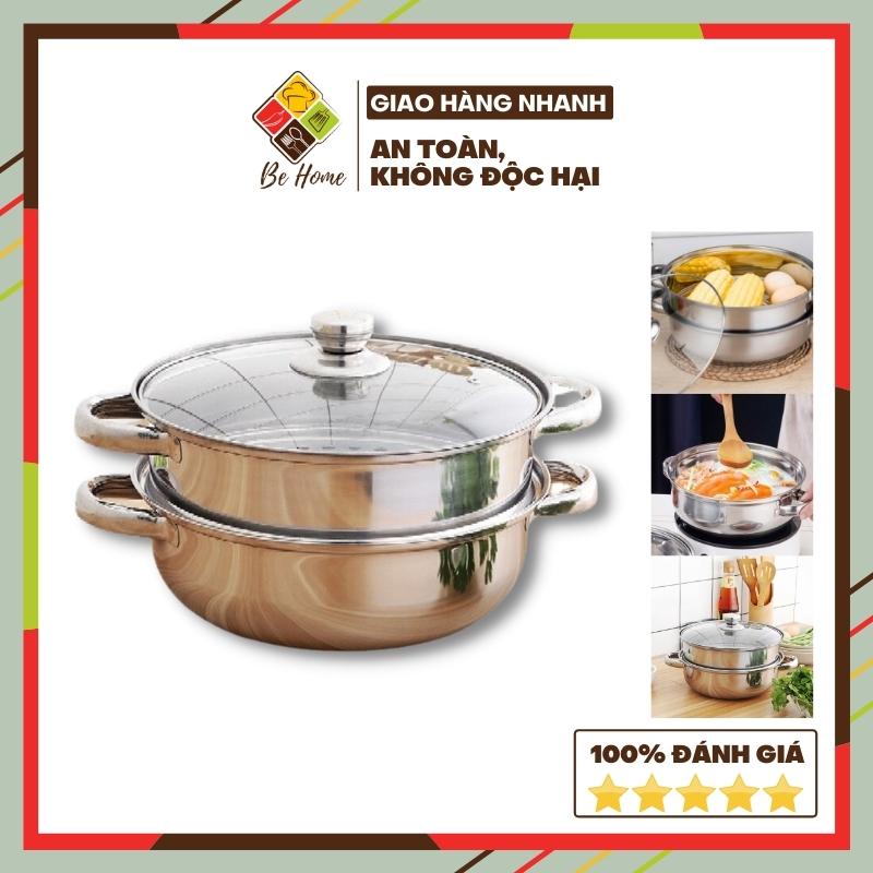 Nồi hấp 2 tầng inox BEHOME Nồi hấp inox Nắp Kính F28 Cm, Đa Năng, Hấp Bánh đa năng