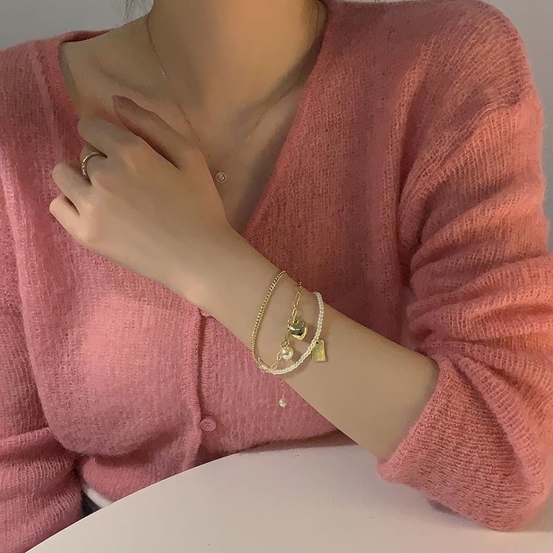 Jiashucheng Vòng Tay Ba Lớp Mặt Hình Trái Tim Đính Ngọc Trai Sang Trọng Phong Cách Mùa Hè Cho Bạn Gái
