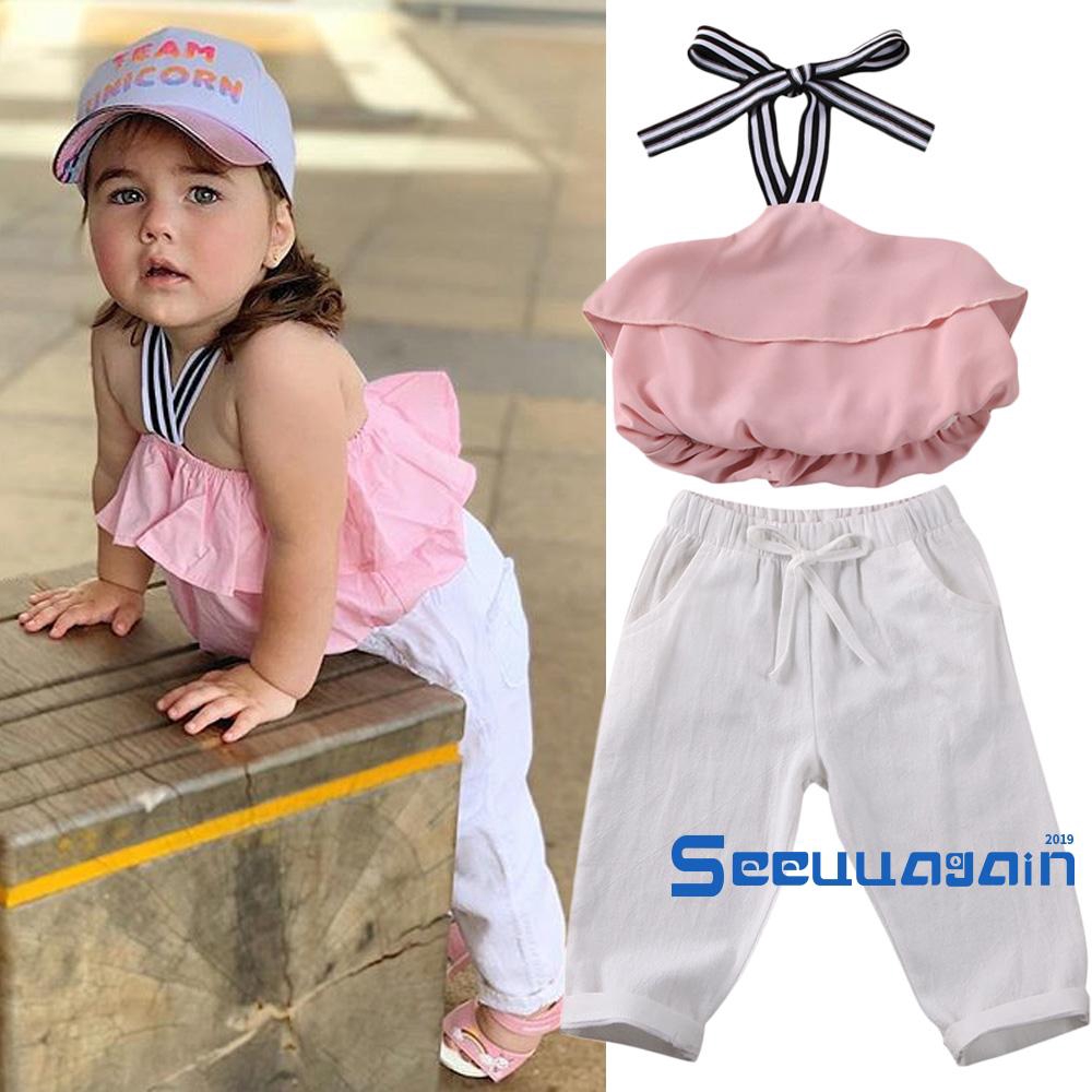 ❥☀✿SEEFashion Toddler Girls Off Shoulder Chiffon Sling Top Long Pants Set Outfits