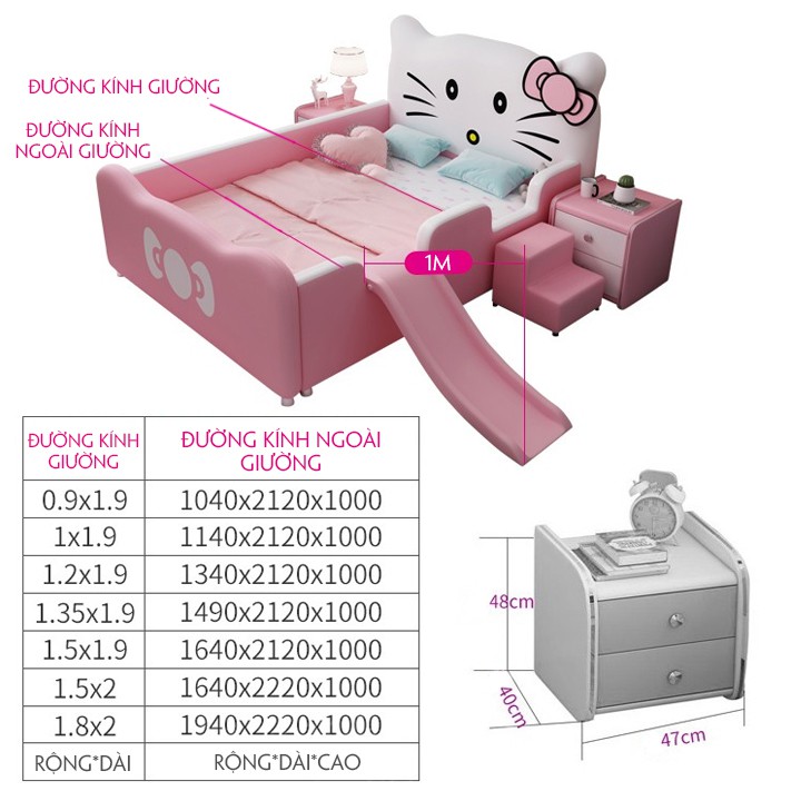 Giường ngủ trẻ em hình Hello Kitty cho bé gái màu Hồng kích thước 1,5x2m -H115