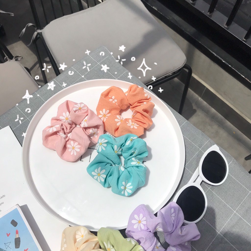 Cột tóc Scrunchies hoa cúc, dây buộc tóc vải Scunchies bông cúc