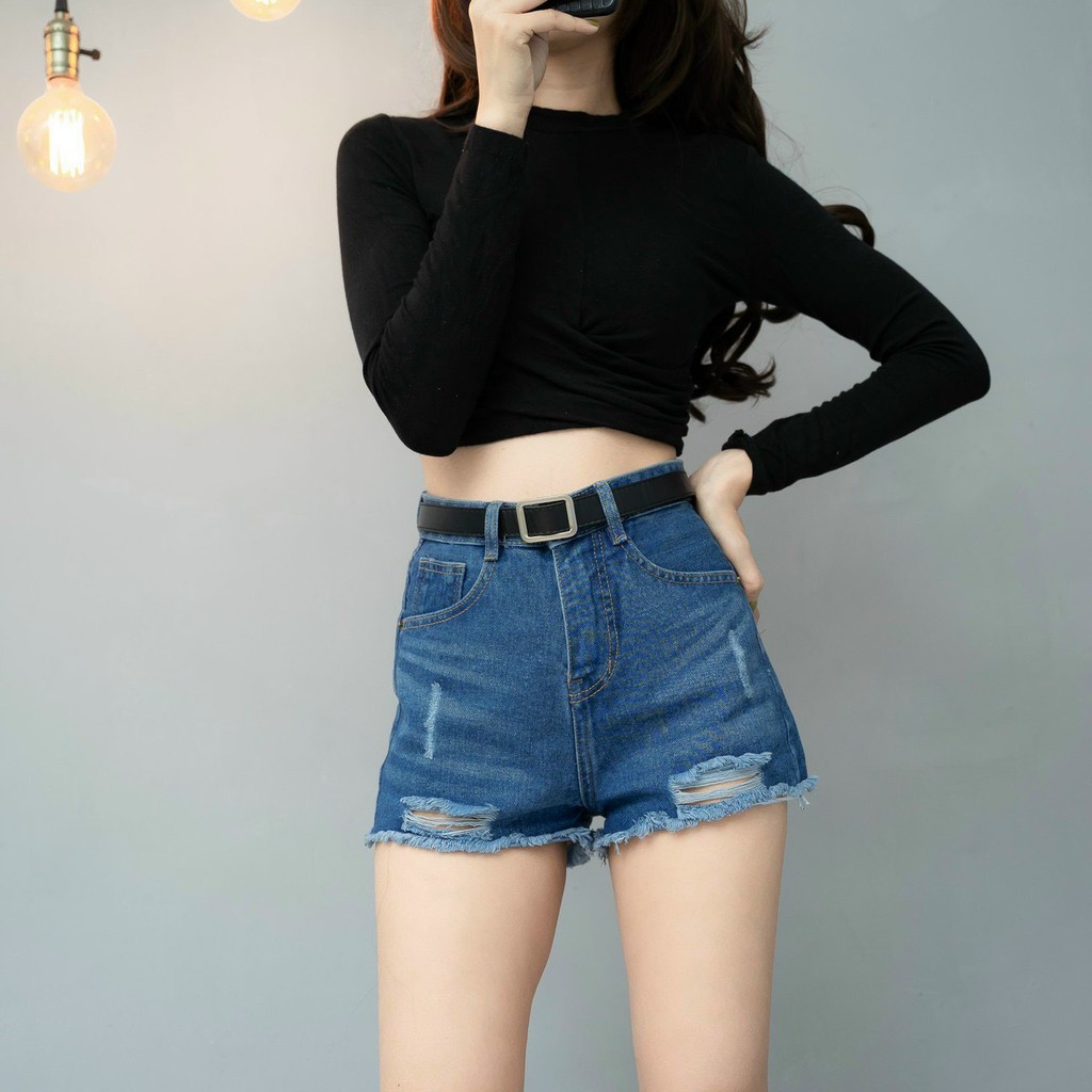 Quần short jean nữ Choobe trơn cạp cao rách hai bên ống phong cách thời trang - QSJ01
