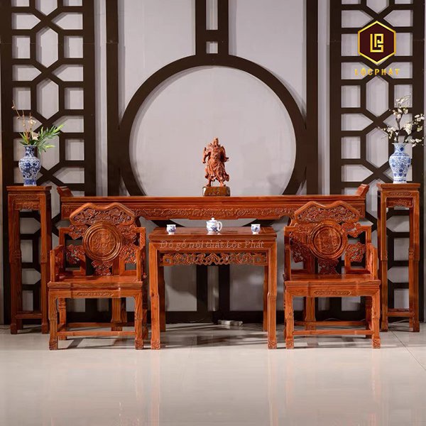 Bộ bàn ghế uống trà bằng gỗ gõ đỏ Lộc Phát - BTC007
