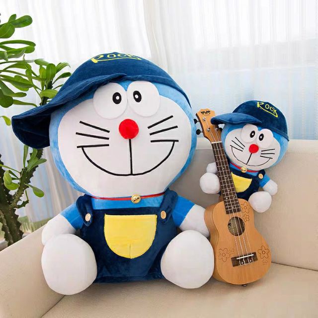 Gấu bông, gối ôm Doraemon đội mũ ngộ nghĩnh vải co dãn 4 chiều bông gòn 100%