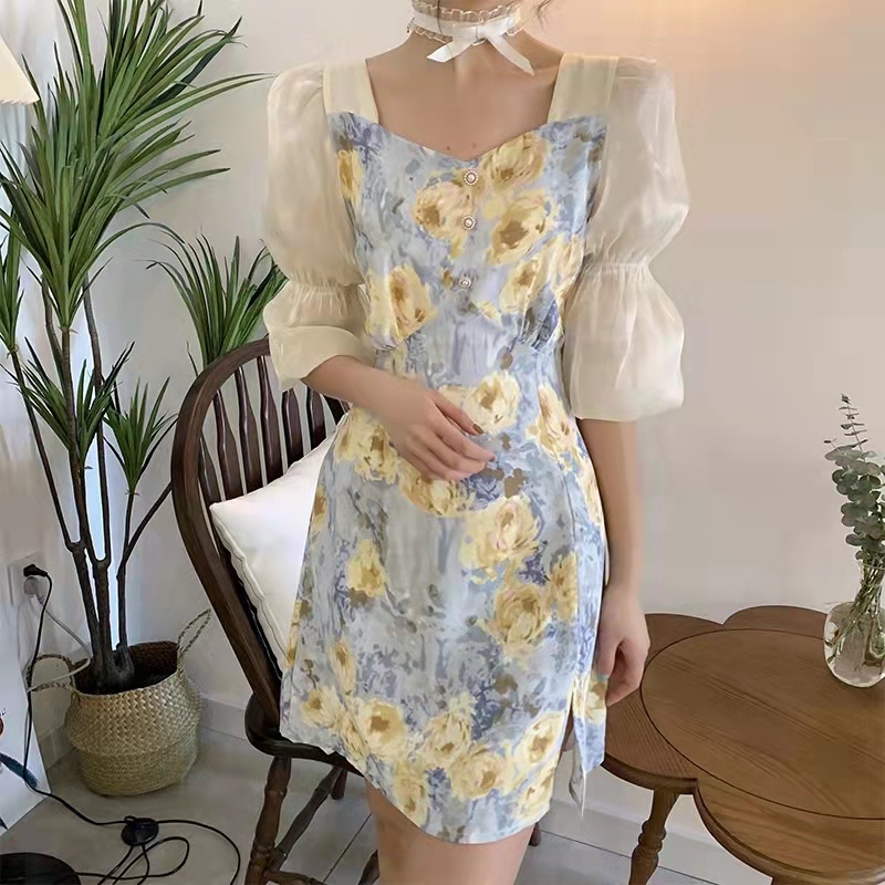 Đầm Tay Phồng In Họa Tiết Ngọt Ngào Thời Trang Cho Nữ
