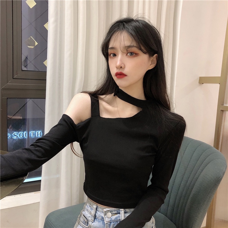 Áo thun SUXI tay dài trễ vai màu đen quyến rũ thời trang mùa thu cho nữ