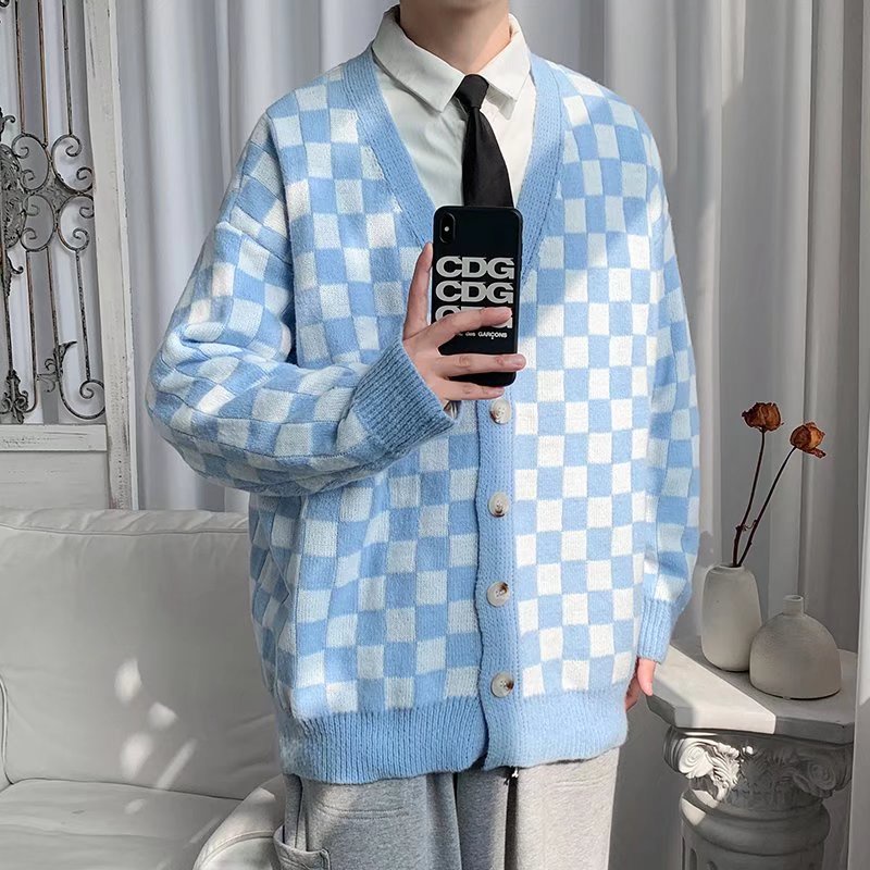 Áo khoác cardigan dệt kim mỏng in hoạ tiết caro phong cách mùa xuân học đường cho nam và nữ