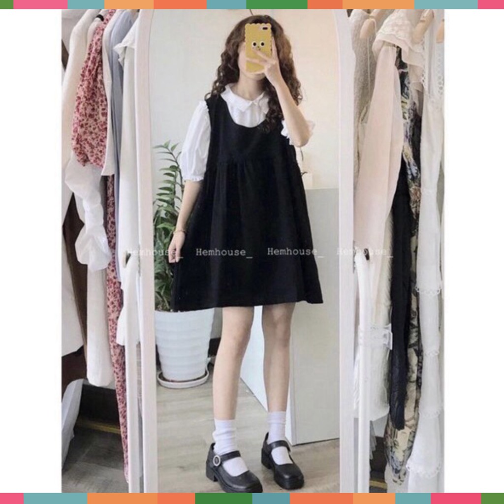 Đầm Yếm Nữ Đen Kèm Áo Ngắn Tay Bồng Siêu Xinh | BigBuy360 - bigbuy360.vn