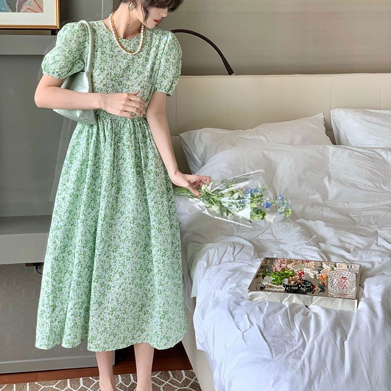 Đầm Voan Hoa Dáng Ôm Che Bụng Màu Xanh Lá Tươi Mới Mùa Hè Pháp Cho Chị Em Gái