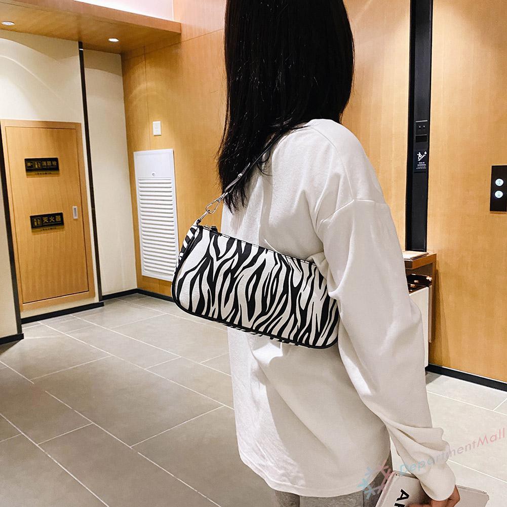 【High Quality】Fashion Cow Zebra Print Women Handbag Female Zipper Shoulder Underarm Bag