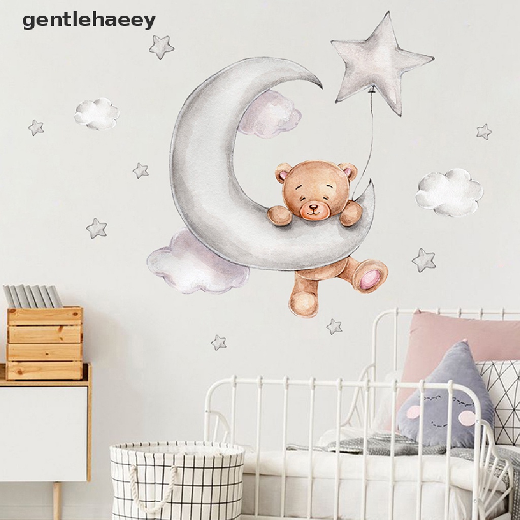 Sticker Dán Tường Họa Tiết Hoạt Hình Chú Gấu Nằm Trên Mặt Trăng Và Ngôi Sao Cho Phòng Bé Trai