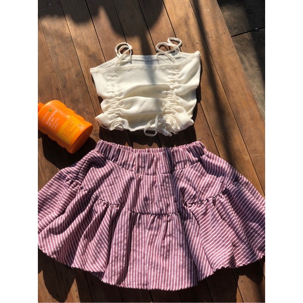 Chân váy xoè lolita hai tầng kẻ sọc lưng thun có quần bảo hộ xinh xắn