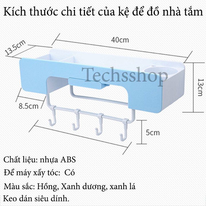 Kệ Nhà Tắm Để Đồ Có Khe Để Điện Thoại Kèm Giá Thanh Treo Khăn Và 4 Móc Treo - Kệ Để Máy Xấy Tóc Renai Ra 816