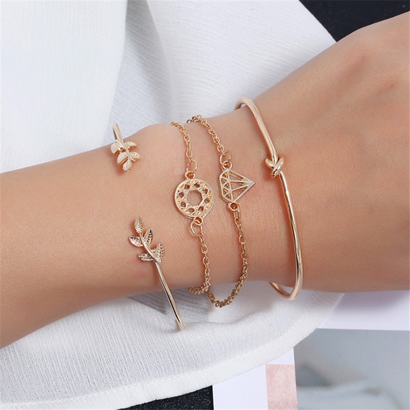 Bộ 4 Vòng Tay Mạ Vàng Hồng Thiết Kế Thắt Nút Hình Chiếc Lá Thời Trang Cho Nữ