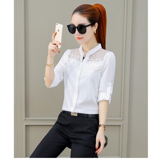 Áo sơ mi cổ trụ phối ren xinh xắn (2 màu)