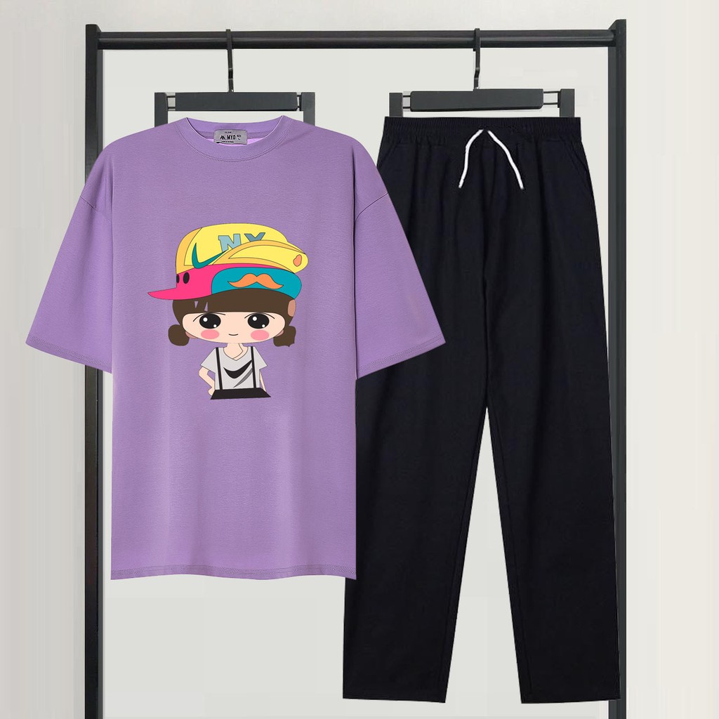 Sét Bộ Đồ Nữ Mặc Đi Chơi Dạo Phố Ngắn Tay Mùa Hè, Áo Phông Cotton In Cô Gái Mũ Kèm Quần Jogger Kaki Phong Cách Hàn Quốc