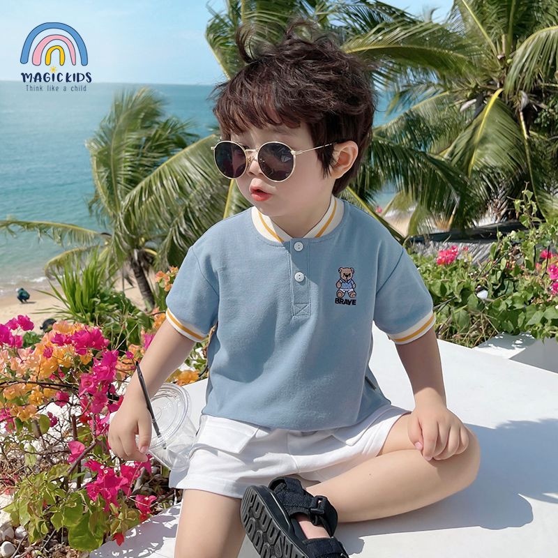 Áo thun polo ngắn tay cổ bomber Bonkids thêu gấu cho bé trai chất thun cá sấu thoáng mát Quần áo trẻ em
