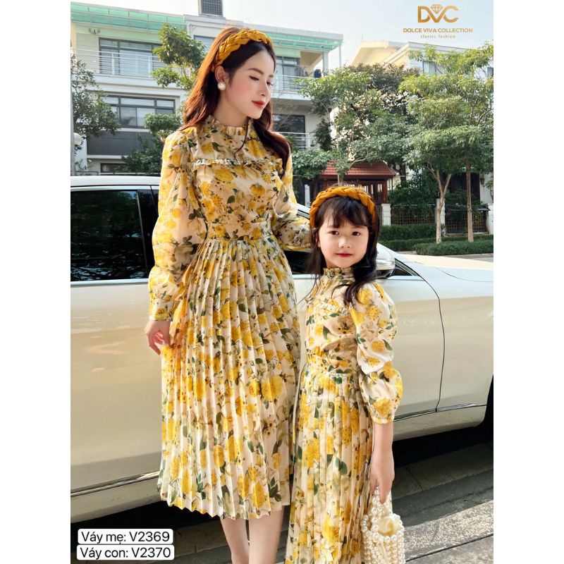 Set váy hoa dập ly mẹ và bé xinh _ hàng thiết kế cao cấp kèm ảnh thật