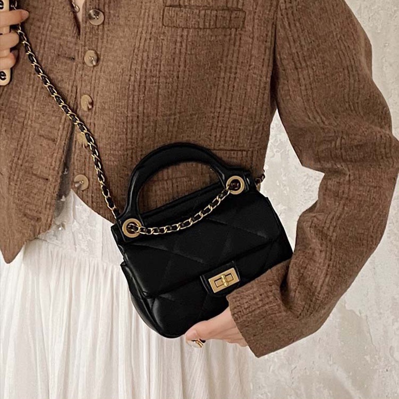 Túi xách IELGY nhỏ đeo chéo vai có khóa phối dây xích và họa tiết hình thoi sang trọng cho nữ