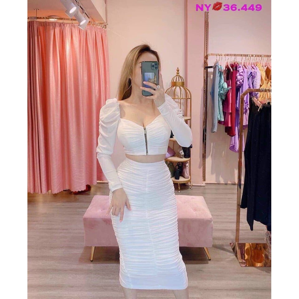 Set Bộ Áo tay Phồng Có Khóa Kéo Kèm Chân Váy Nhún Thời Trang